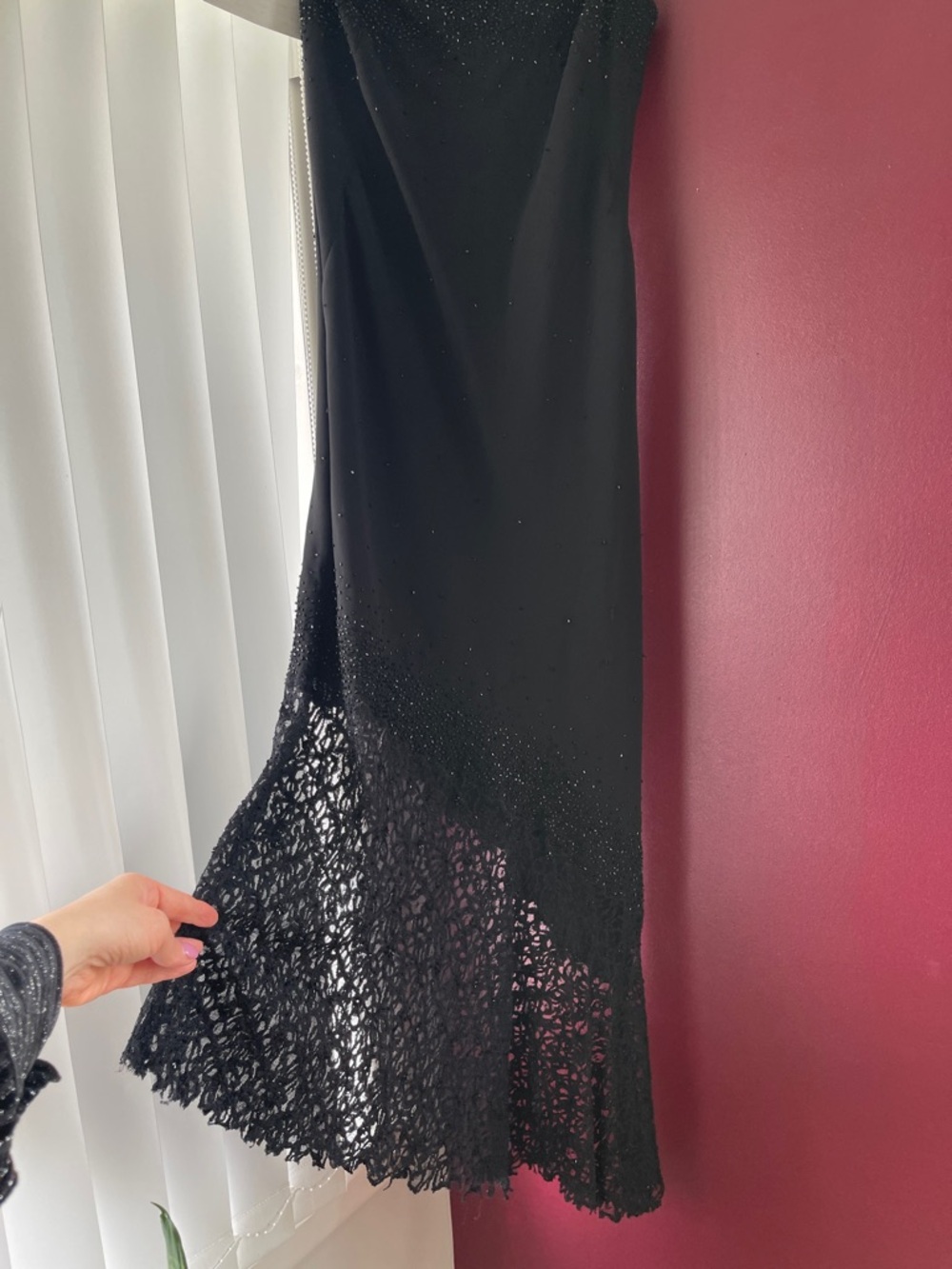 Vintage 90s Black Evening Dress with Lace Hem and Beaded Detail